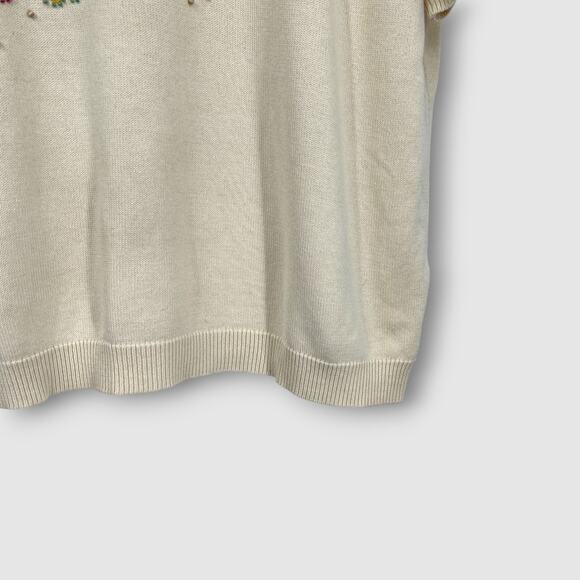 90s Vintage Floral Embroidered Beaded Short Sleeve Knit Sweater XL - Picture 3 of 5